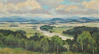 A summer landscape with a river by 
																	Gustav Macoun