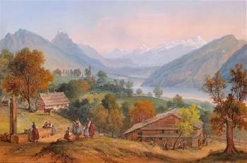 A landscape in canton Schwyz with Lake Lauerz by 
																	Carl Laeisz