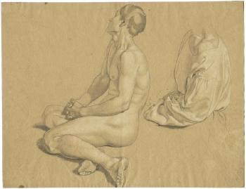 Studienblatt mit einem sitzenden männlichen Akt und einer Gewandstudie zum Oberkörper und linken Arm der Figur by 
																	Gustav Heinrich Naeke