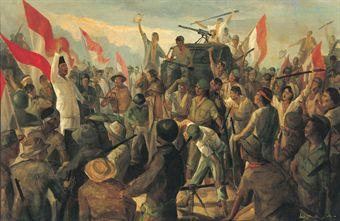 Sketch of Bung Karno amidst Revolutionary Fighters by 
																	 Dullah