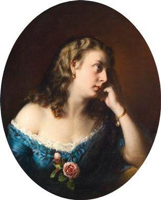 Lost in Thought, Lady in a Blue Dress with Roses by 
																	Aristide Oeconomo