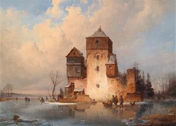 Winter landscape with ice skates by a castle by 
																	Karl Adloff
