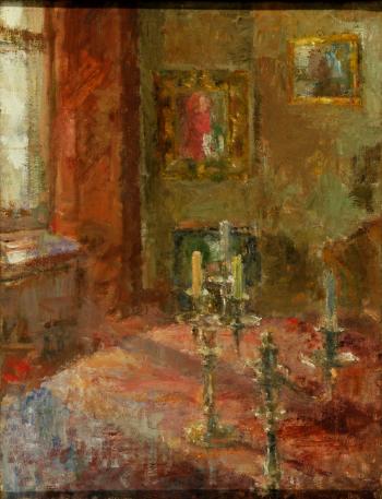 Interior with silver candlesticks, gilt mirror and self-portrait, winter by 
																	Edmund Fairfax-Lucy