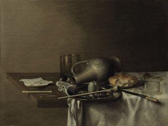 An overturned stoneware jug, roll, plate with pipe and an egg shell, broken glass and other objects on a draped table by 
																	Jan Fris