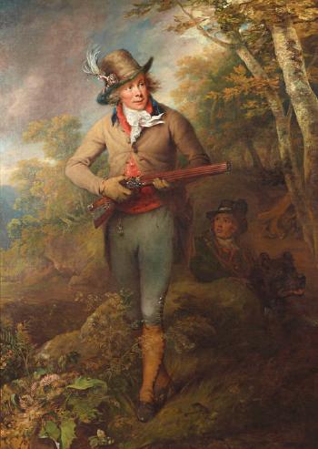 Portrait of Colonel Thornton, Marquess Dupont, roebuck shooting in the forest of Glenmore with his twelve barrel volley rifle by 
																	Philip Reinagle