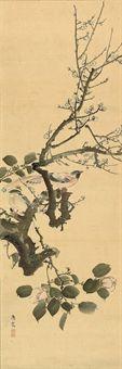 Camelia and small birds on plum branch by 
																	Maruyama Oshin