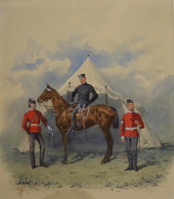 Two officers and a corporal in front of a campaign tent by 
																	Reginald Augustus Wymer