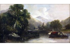 River landscape with boats by 
																			William James Muller