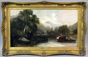 River landscape with boats by 
																			William James Muller
