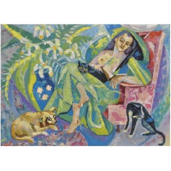 Marika With Her Dog And Cats by 
																	Olga Feodorovna Amosova-Bounak