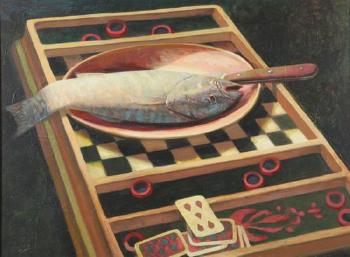 Still life of fish on games table by 
																	Robert Crowl