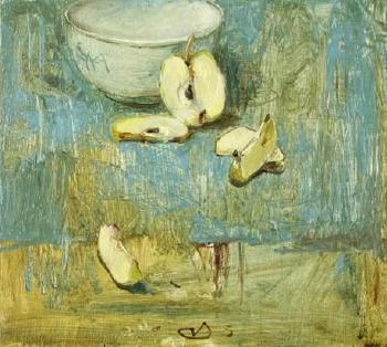 Still life with a bowl and sliced apple by 
																	Hennie van der Vegt