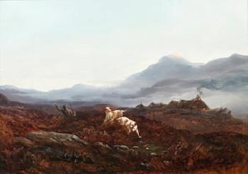 Highland scene with huntsman and dogs flushing out grouse by 
																	Thomas J Tuite