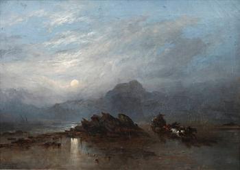 Moonlit shore scene with horse-drawn cart by 
																	Thomas J Tuite