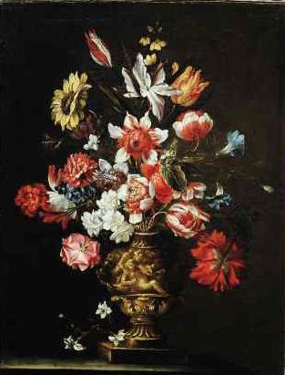 Vases de fleurs sur entablements by 
																	Jacques-Charles Dutillieu