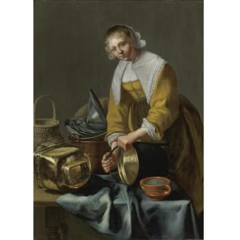 A Kitchen Maid Standing By A Table With Copper Pots, Pewter Plates And Other Objects by 
																	Willem van Odekerken