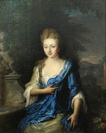 A portrait of a lady wearing a white dress with a blue wrap by 
																	Daniel Haringh