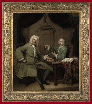 Double portrait of Michiel de Roode (1685-1771) and Jan Punt (1711-1779), holding a miniature portrait of Joost van den Vondel, seated full-length at a table in a decorative room by 
																	Jan Maurits Quinkhard