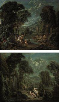 An extensive classical landscape with the infant Bacchus; and An extensive classical landscape with Venus and Adonis resting by a stream by 
																	Jan van Voordt