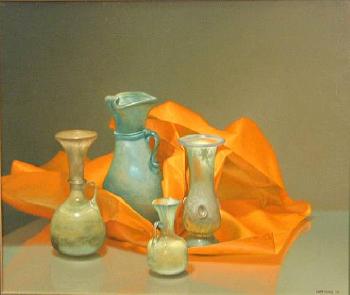Still life with Roman glass and orange paper by 
																	Enrique Campuzano