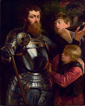 Portrait of a commander, three-quarter-length, being dressed for battle by 
																	Peter Paul Rubens