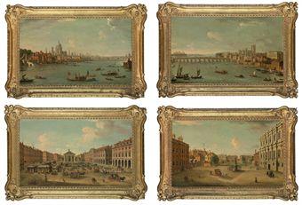 Four views of London: The Thames looking towards St Pauls; The Thames looking towards Westminster; Covent Garden; and The Privy Garden, Whitehall by 
																	Antonio Joli