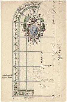 Design for a stained-glass window with the arms of France in a crowned cartouche by 
																	Gilles Oppenort