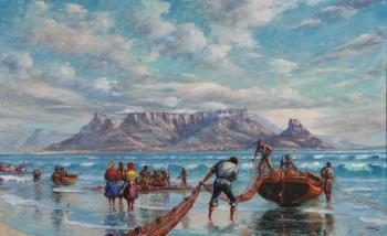 Fishermen on a cape beach by 
																	Adelio Zeelie