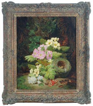 Still life of spring flowers with a bird nest with eggs and a moth in a forest landscape by 
																	Thomas Worsey