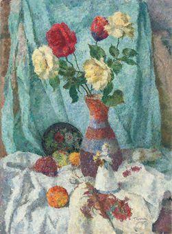 White and red roses in a vase with fruits and a doll on a draped table by 
																	Grigori Izrailevich Tseitlin