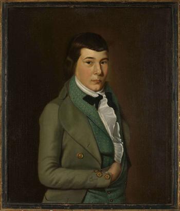Portrait of Nathaniel Lawson as a young man in a green sprigged waistcoat and ruffled shirt by 
																	William Jennys
