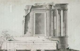 A geometrical elevation of the remains of a temple at Tivoli by 
																	James Byres