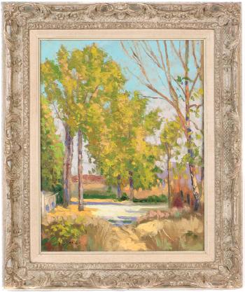 An impressionistic autumn landscape with stream by 
																	Victor Joseph Harles