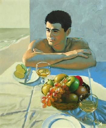 Man at a table with fruit and wine by 
																	Al Proom