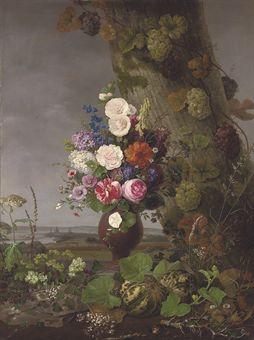 A still life of wild and cut flowers, a landscape beyond by 
																	Frederik Christian Camradt