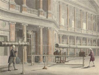 The interior of the Pantheon, Oxford Street with Mr Wilson's experiments with an electrical machine by 
																	Michael Angelo Rooker
