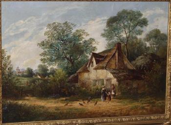 Thatched cottage in a country landscape by 
																	Thomas T J Frowd