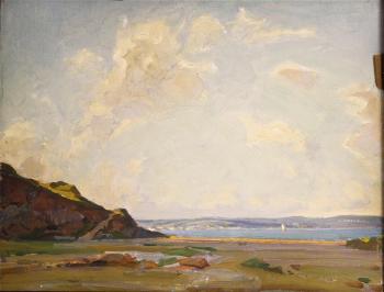 Sunlit coastal scene by 
																	James Edward Duggins