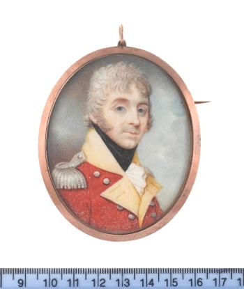 An officer, wearing red coatee with yellow facings and silver buttons by 
																	Charles Jagger