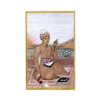 A scribe seated on a terrace with his calligraphic tools and dictionaries by 
																	Muhammad Reza-I Hindi