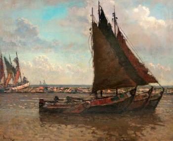 Sailing vessels in a harbour by 
																	Reinier Sybrand Bakels