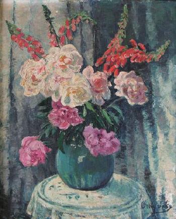 Bouquet des pivoines dans un vase bleu by 
																	Stefania Ordynska-Morawska