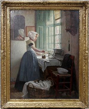 Dutch girl ironing by 
																	Herman Knopf