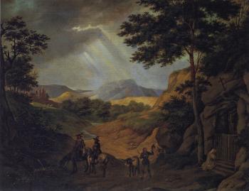 Berglandschaft mit Reitern und Betenden by 
																	Heinrich Dallwig