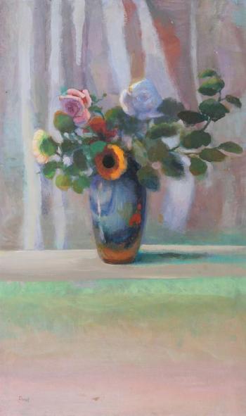 Iridescent flowers in blue vase by 
																	Robert Crowl