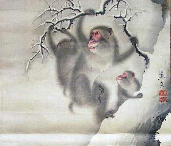 Affenmutter und zwei Jungen in verschneitem Baum by 
																	Kamata Gansen