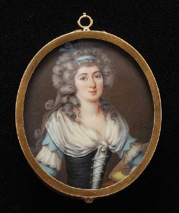 A Lady, wearing black bodice laced with pale blue ribbon over white chemise, pale blue and white sleeves by 
																	Elisabeth Terroux