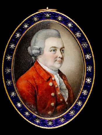 Edward Gibbon (1737-1794), wearing red coat, waistcoat, frilled white chemise and powdered wig by 
																	Daniel O'Keeffe