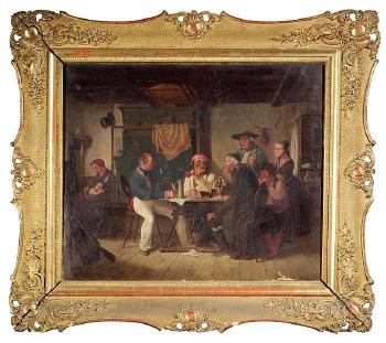 Wirtshausinterieur mit diskutierenden Männern an einem Tisch by 
																	Julius von Sundahl
