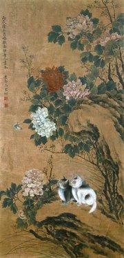 Two cats beneath flowers by 
																	 Ma Jiatong